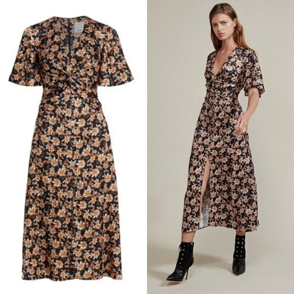 New ACLER Tippet Floral Flutter-Sleeve Midnight Wallpaper Midi Dress NWT Size 2 - Picture 7 of 16